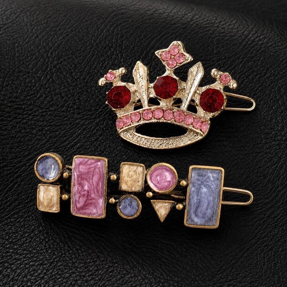 Vintage Crown & Marbled Enamel Barrette Pair Rhinestones